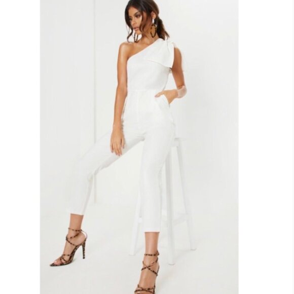 White One Shoulder Jumpsuit Sleeveless Cropped Ankle Pretty Little Thing Size 4 - Picture 3 of 14